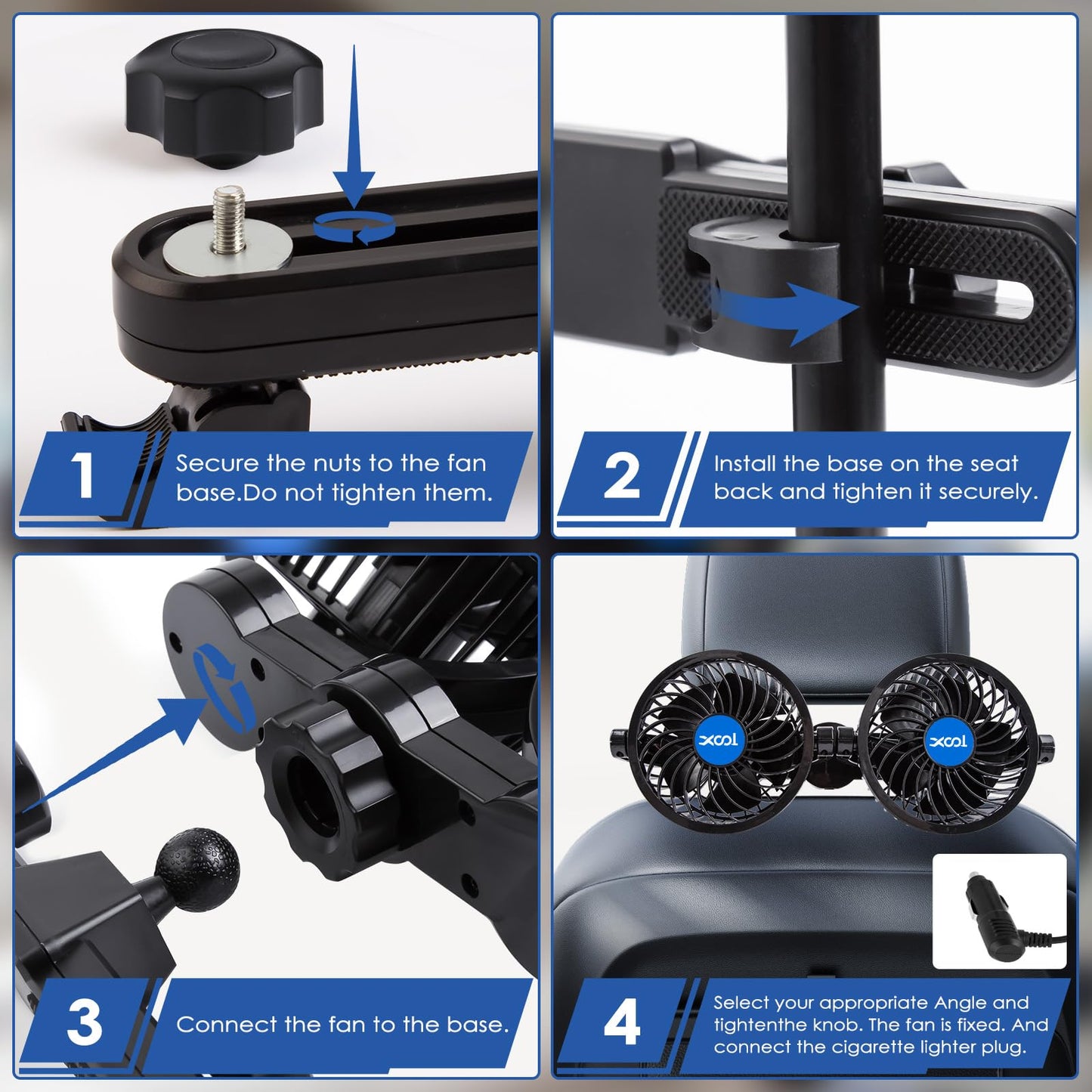 Car Fan Dual Head 360° Rotating Low Noise Cooling Fan Universal For Cars, Suvs & Trucks With Box