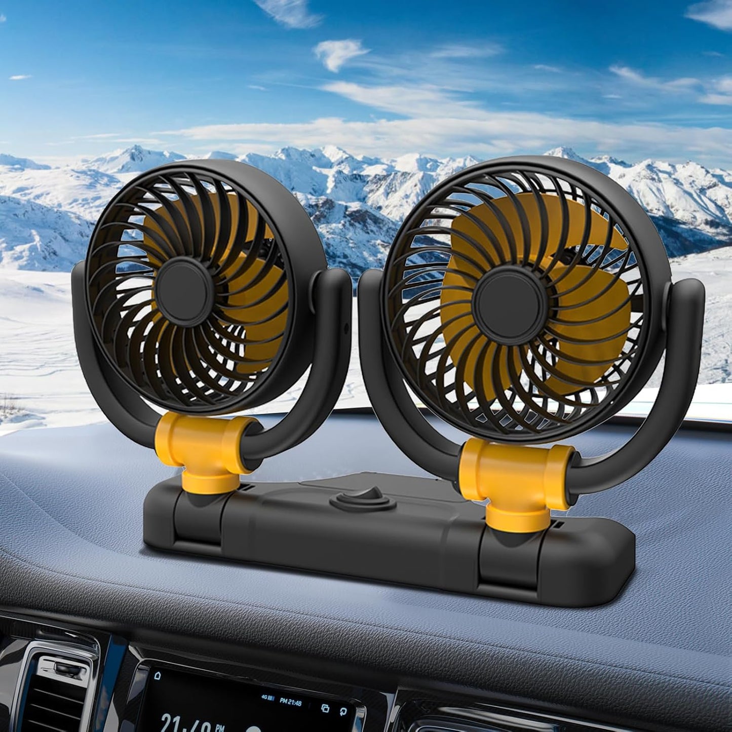 Car Fan Dual Head 360° Rotating Low Noise Cooling Fan Universal For Cars, Suvs & Trucks With Box
