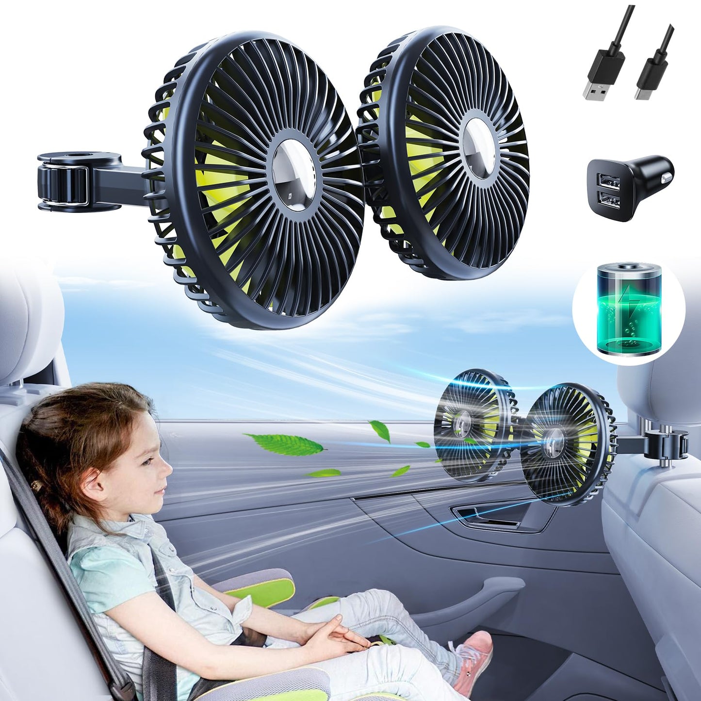 Car Fan Dual Head 360° Rotating Low Noise Cooling Fan Universal For Cars, Suvs & Trucks With Box