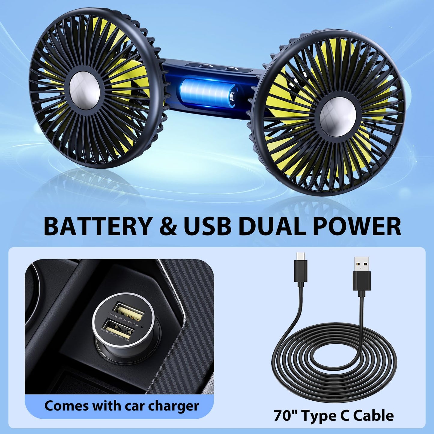 Car Fan Dual Head 360° Rotating Low Noise Cooling Fan Universal For Cars, Suvs & Trucks With Box