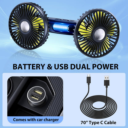 Car Fan Dual Head 360° Rotating Low Noise Cooling Fan Universal For Cars, Suvs & Trucks With Box