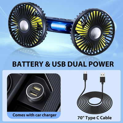 Car Fan Dual Head 360° Rotating Low Noise Cooling Fan Universal For Cars, Suvs & Trucks With Box