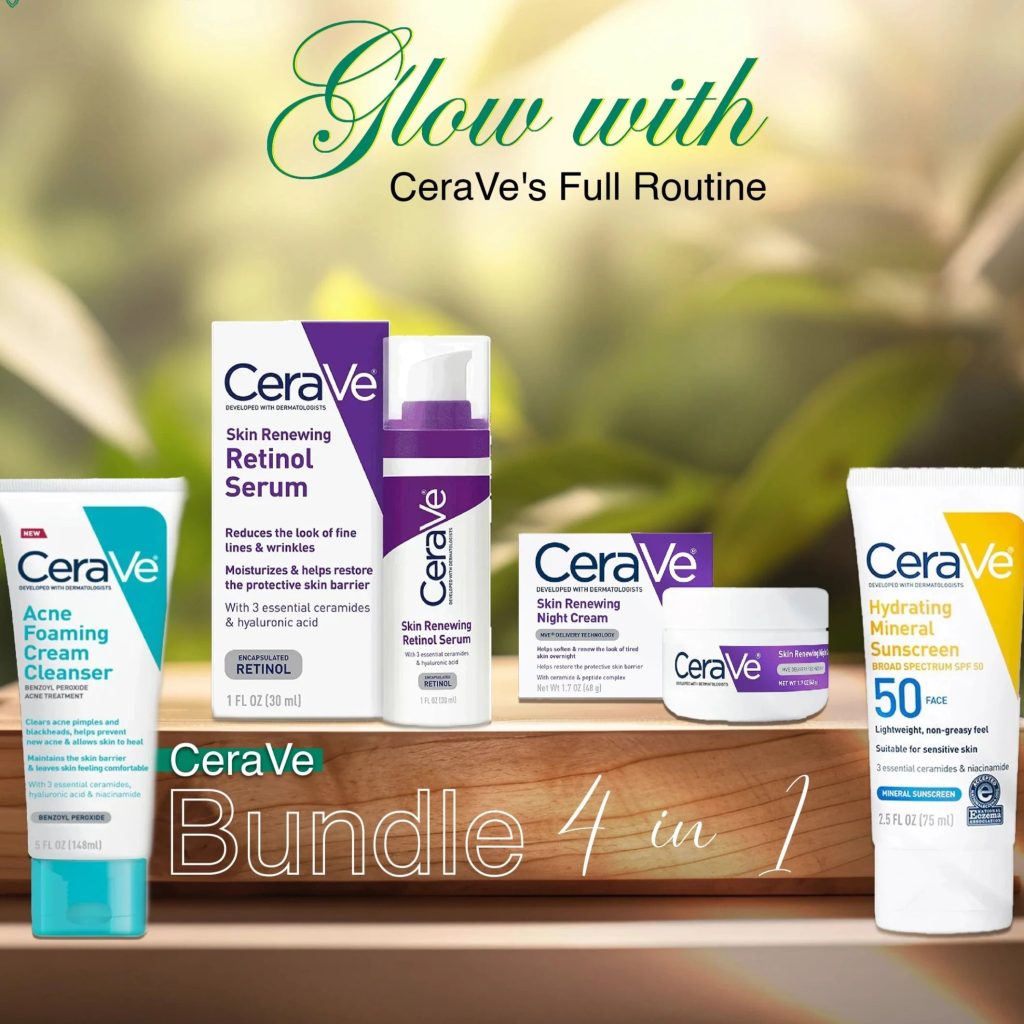 Cerave 4 In 1 Skincare Kit Night Cream | Sunblock | Cleanser & Serum For Radiant Skin