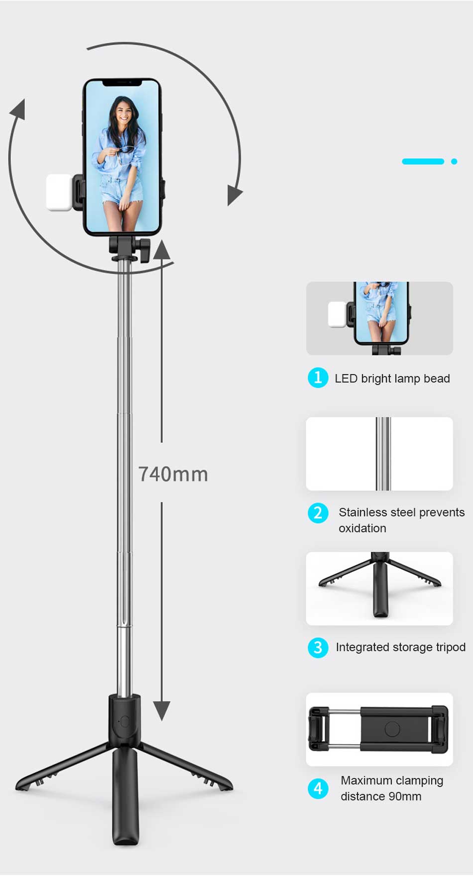 4 in 1 selfie stick + Tripod stand with light and wireless remote