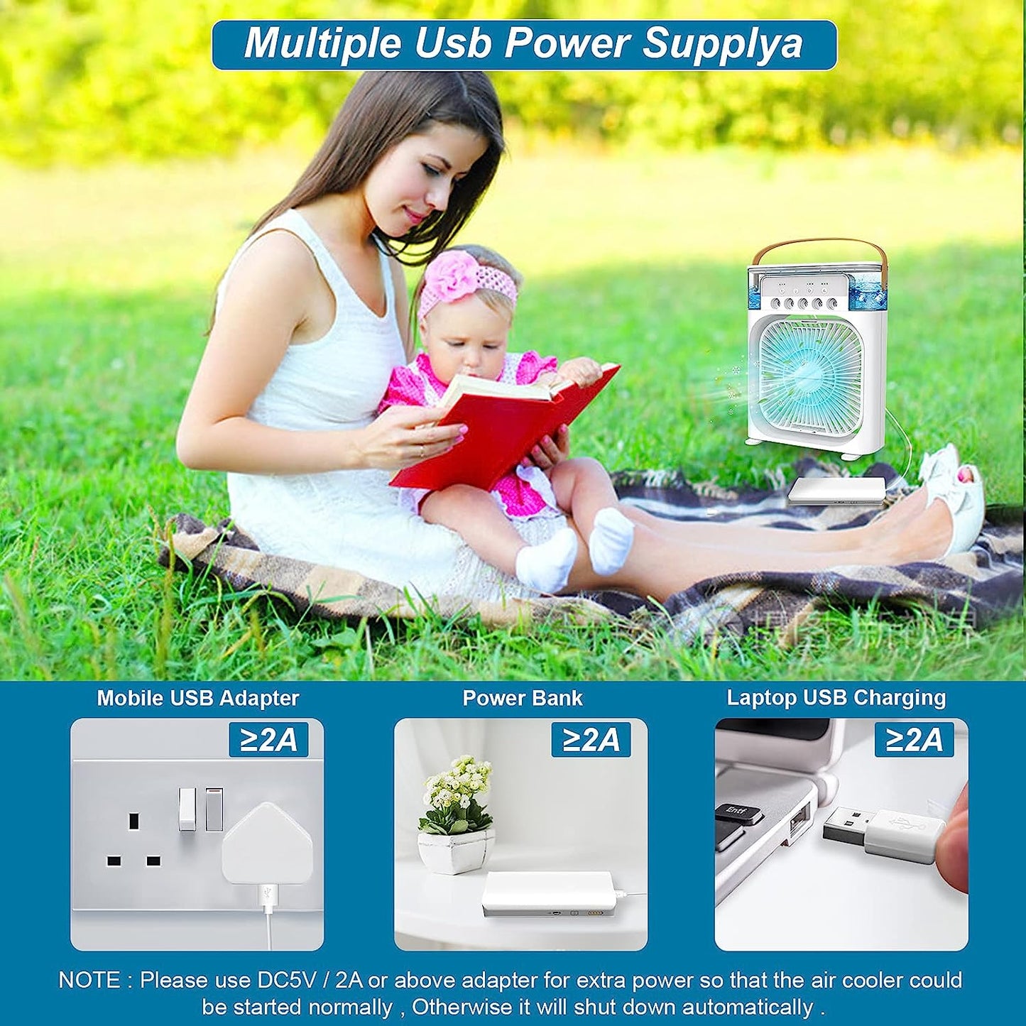 Portable Air Conditioner Fan Usb Electric Fan, Fine Mist Water, And Humidifier Function